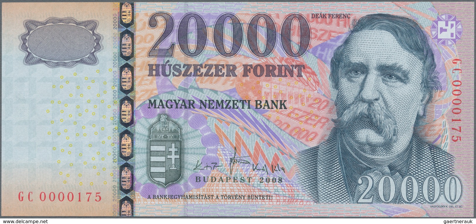 Hungary / Ungarn: 20.000 Forint 2008, P.201a With Low Serial Number GC0000175 In UNC Condition. - Ungarn