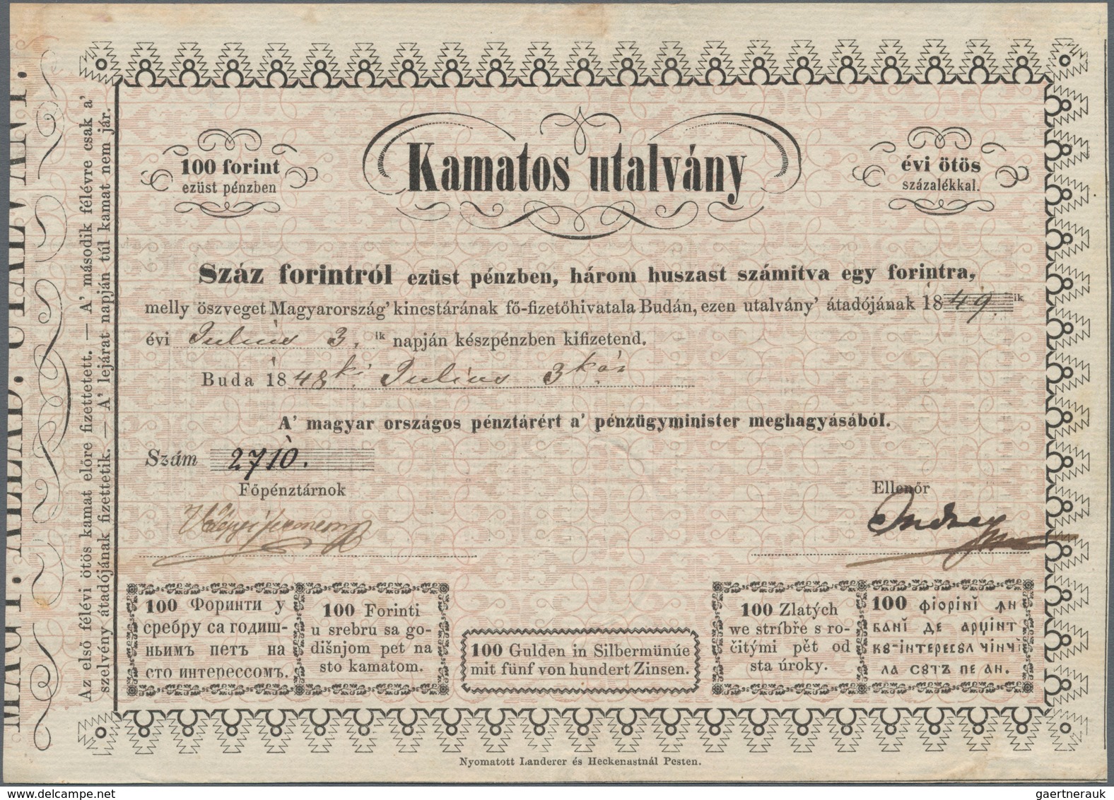 Hungary / Ungarn: Interest Paying Legal Tender Treasury Bill 100 Forint 1848, P.S108, Great Original - Hongrie