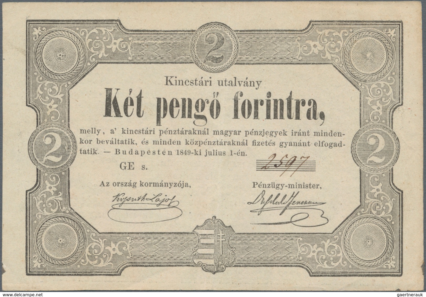 Hungary / Ungarn: Ministry Of Finance – State Treasury Note, 2 Pengő Forintra 1849, Issued Note With - Hongrie