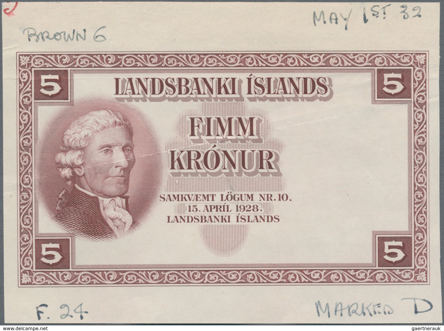 Iceland / Island: Landsbanki Íslands Front And Reverse Proof Of The 5 Kronur L.1928 P.27 For Type Wi - Iceland