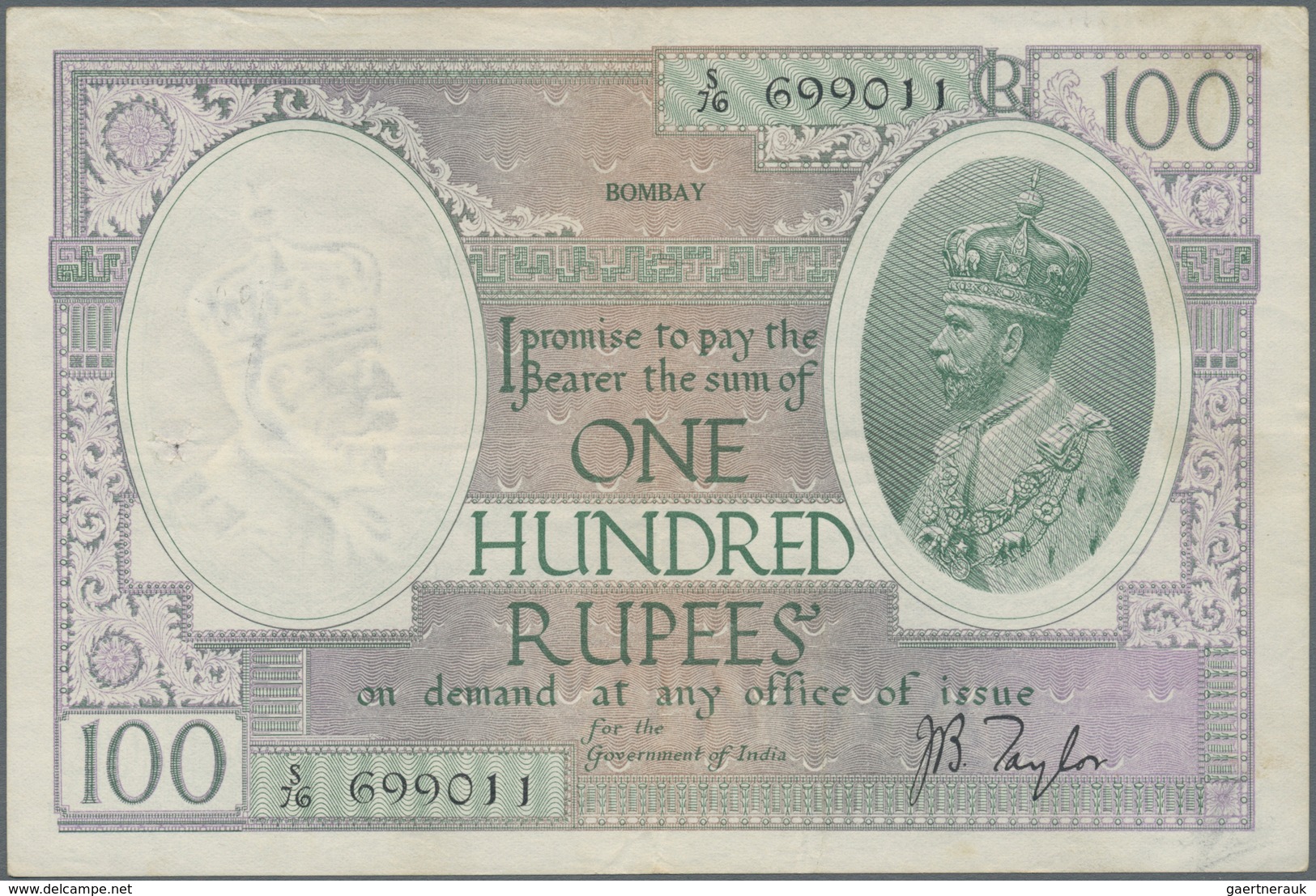 India / Indien: 100 Rupees 1930 P. 10b Issued In BOMBAY, Used With Light Vertical And Horizontal Fol - India