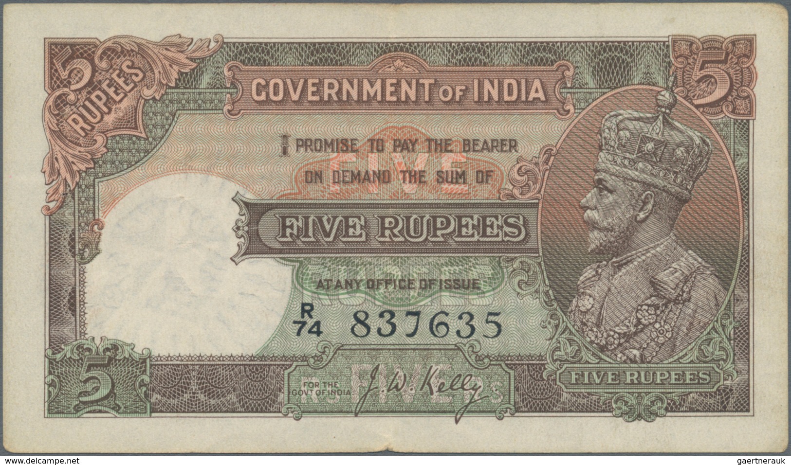 India / Indien: 5 Rupees ND(1928-35) P. 15b, Light Folds In Paper, Rounded Corners, 2 Pinholes, Stil - Inde