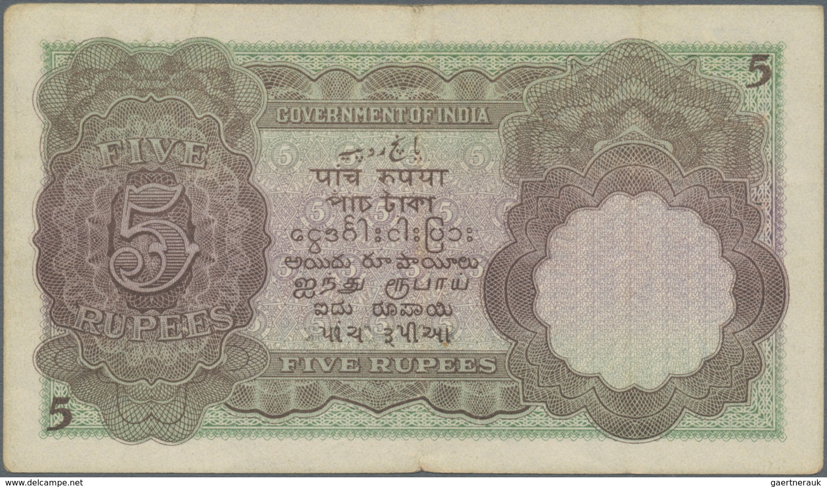 India / Indien: 5 Rupees ND(1928-35) P. 15b, Light Folds In Paper, Rounded Corners, 2 Pinholes, Stil - Indien