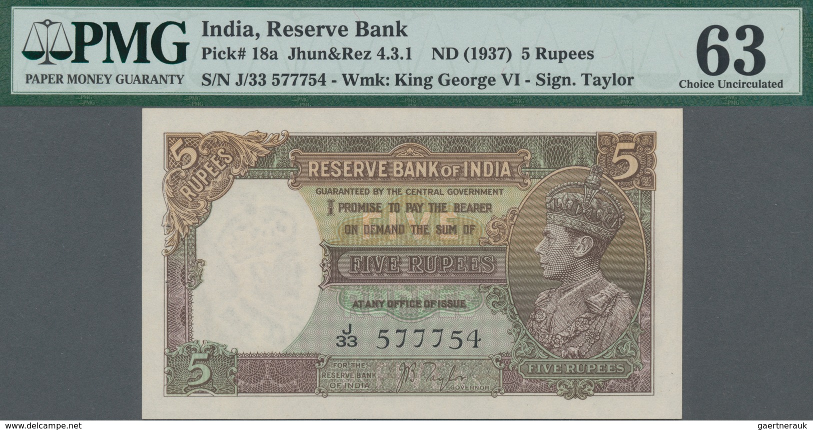 India / Indien: The Reserve Bank Of India 5 Rupees ND(1937), P.18a With Signature TAYLOR, Almost Per - Indien