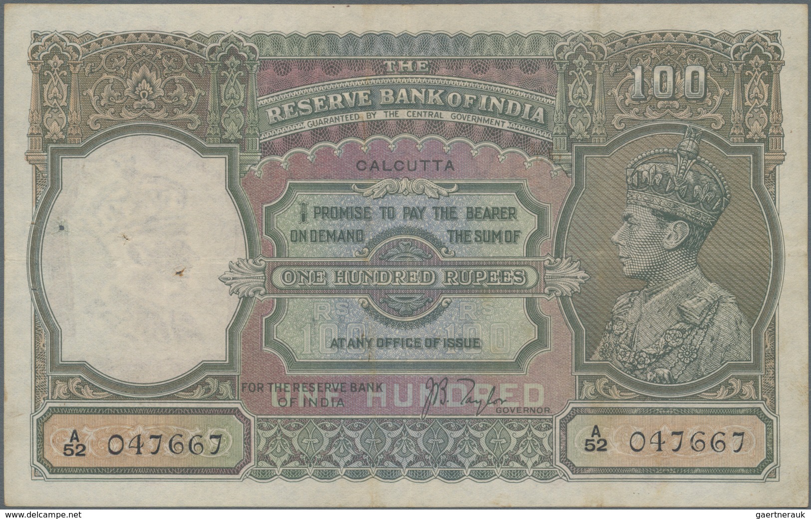 India / Indien: 100 Rupees ND(1937) Portrait KGIV P. 20d, CALCUTTA Issue, Used With Folds And Pinhol - Indien