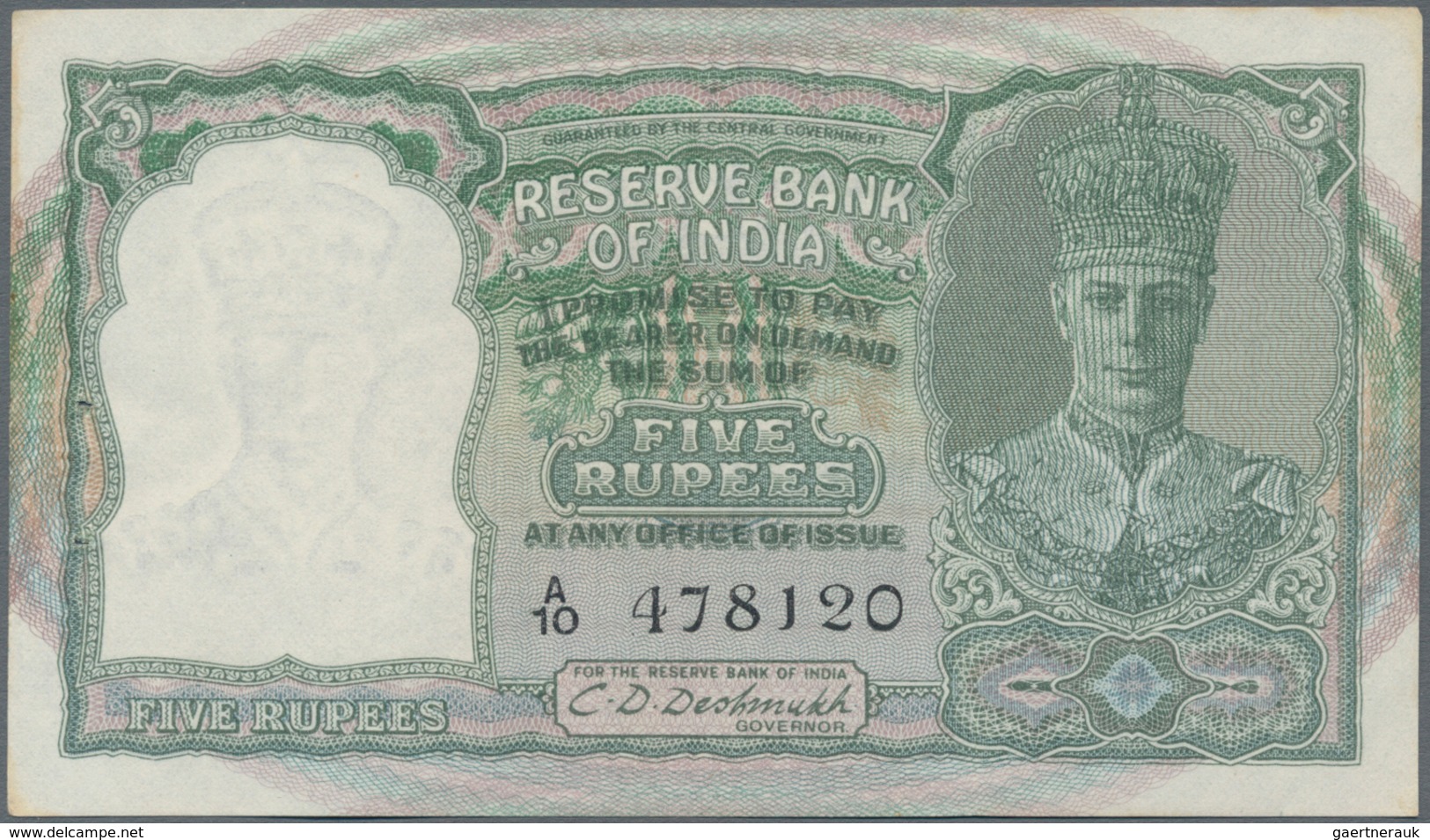 India / Indien: Reserve Bank Of India 5 Rupees ND(1943) With Black Serial Numbers, P.23a, Staple Hol - Inde