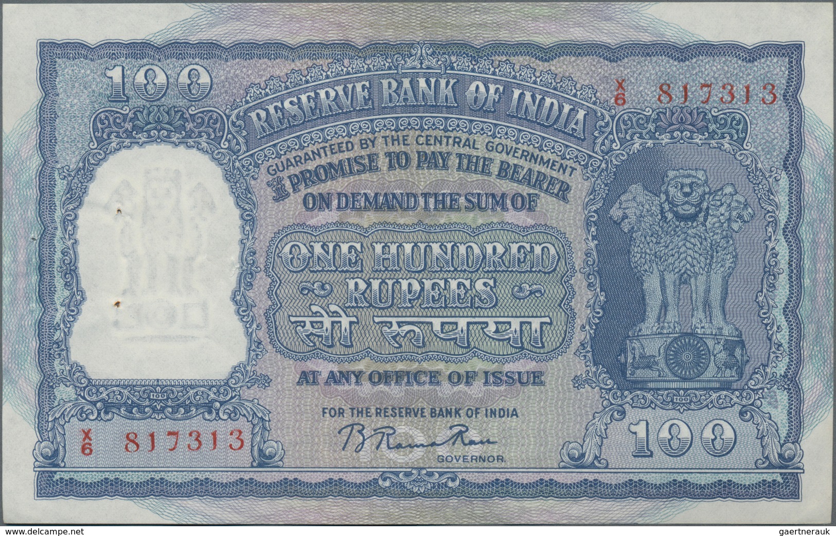 India / Indien: Reserve Bank Of India 100 Rupees ND(1949-57) With Red Serial Number, P.42b, Very Nic - Indien