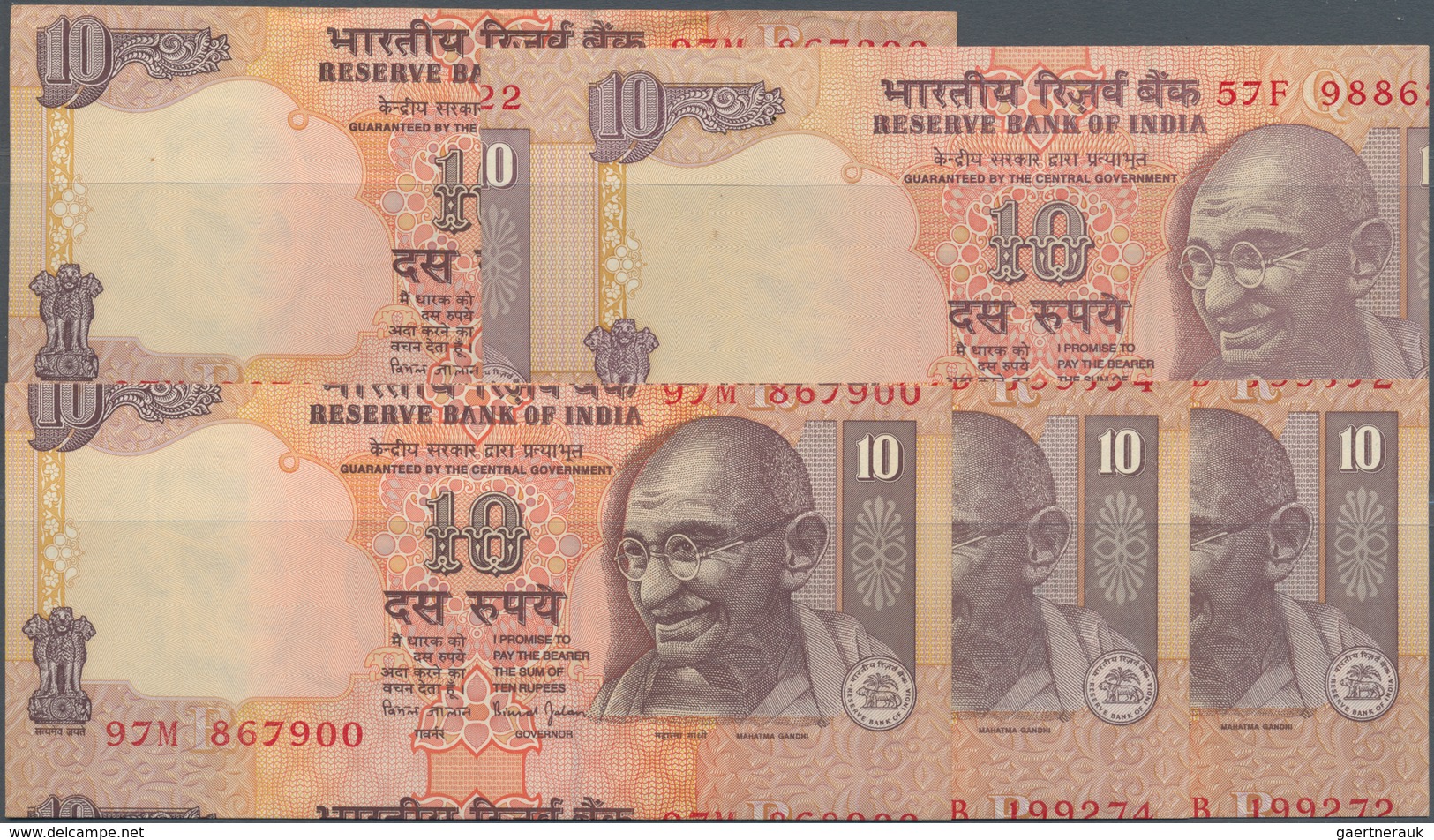 India / Indien: Set Of 5 Miscut Error Notes Of 10 Rupees 1996 P. 87c, 89c, All In Condition: UNC. (5 - Indien