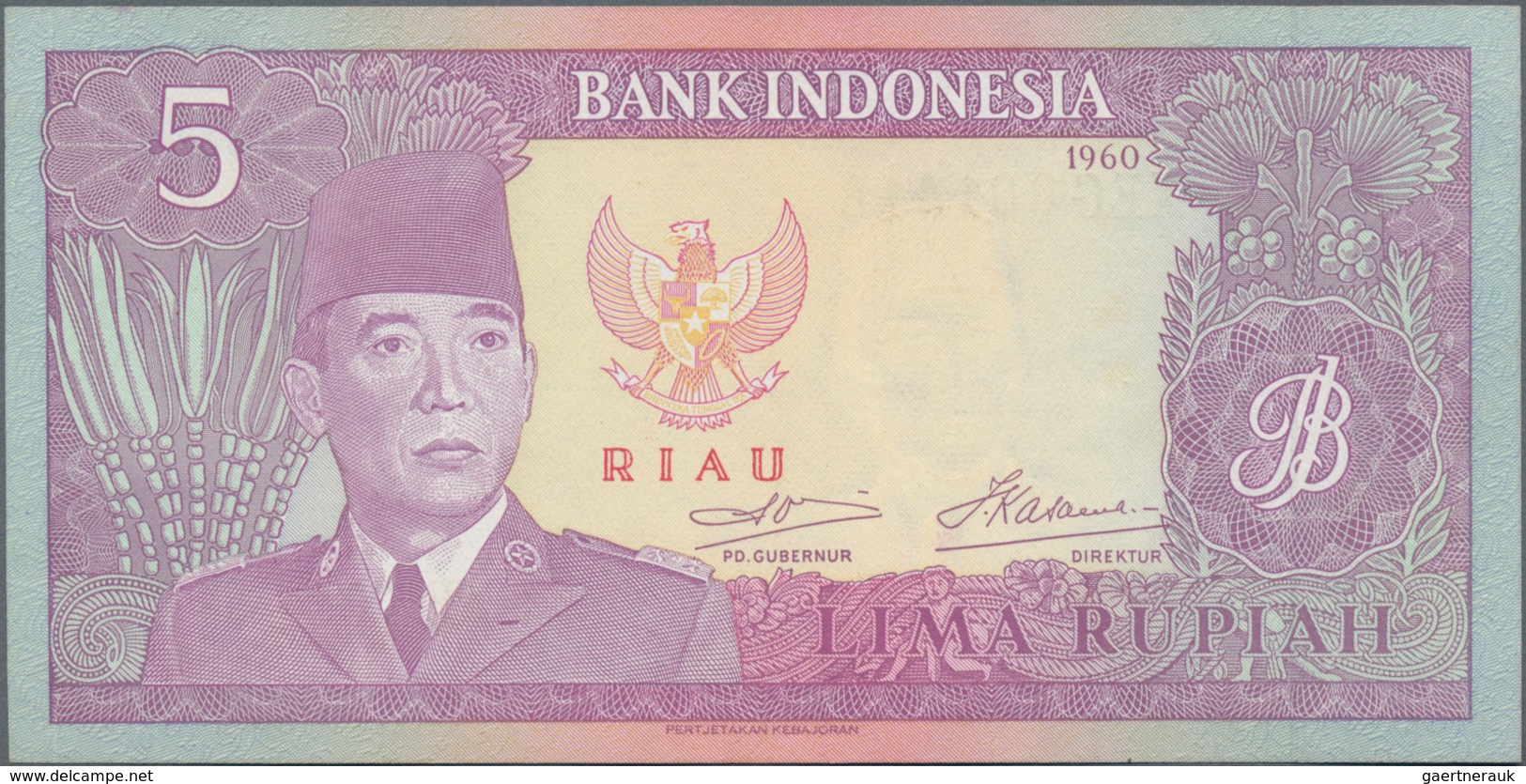 Indonesia / Indonesien: Bank Indonesia 5 Rupiah 1960 (1963) With Provisional Overprint "Riau", P.R8, - Indonesia