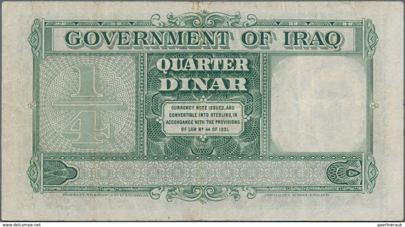 Iraq / Irak: Government Of Iraq ¼ Dinar L.1931 (1948), P.22, Still Nice And Rare Banknote, Lightly P - Iraq