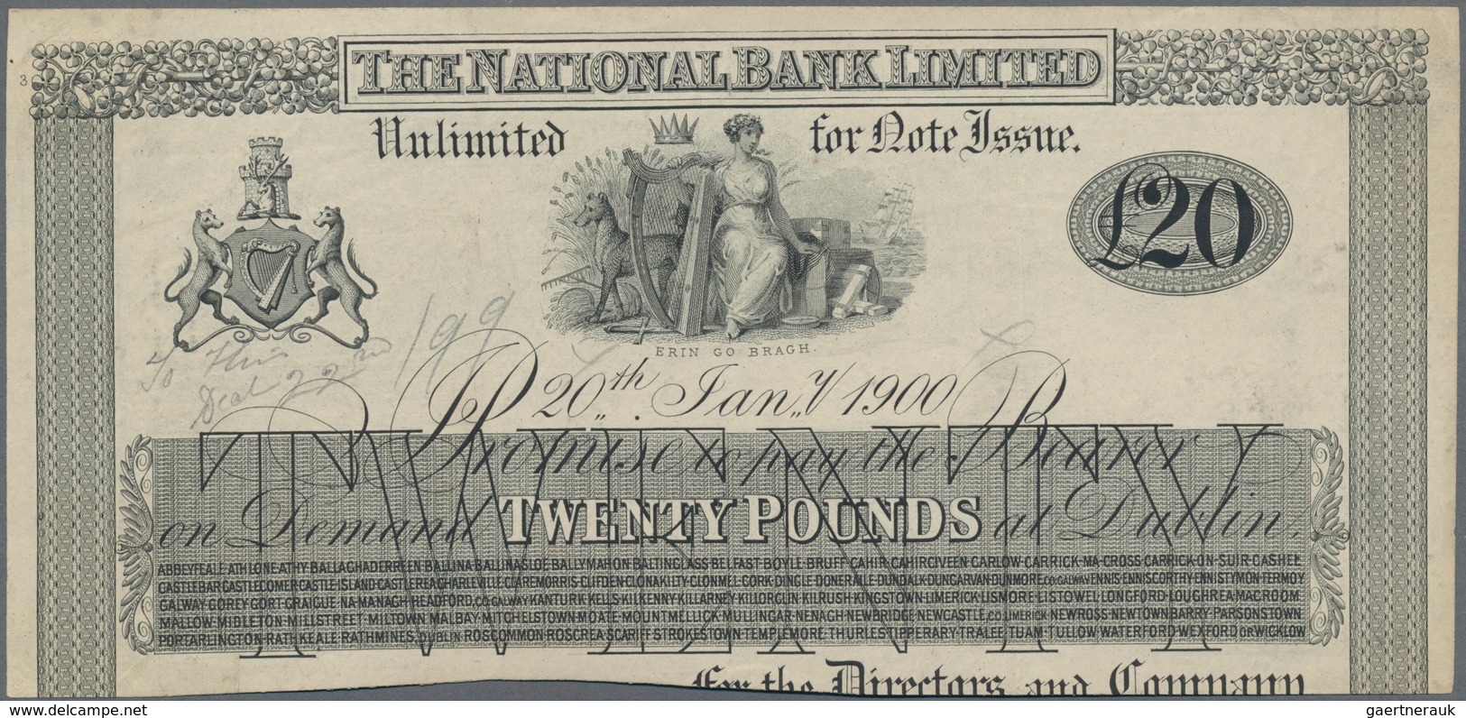 Ireland / Irland: The National Bank Limited 20 Pounds 1900 Uniface Front Proof, P.NL With Annotation - Irlande