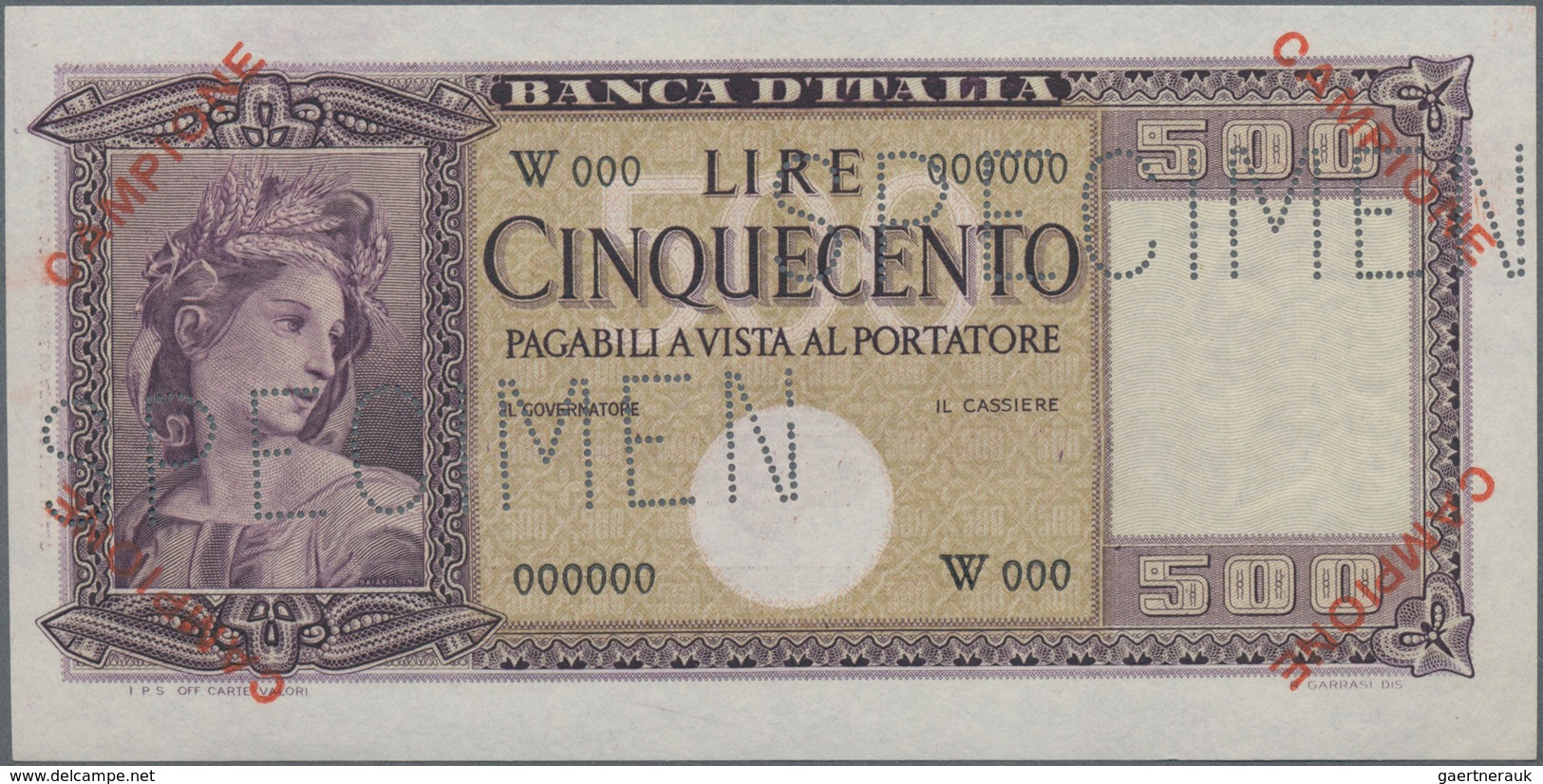 Italy / Italien: Banca D'Italia 500 Lire 1947-61 SPECIMEN, P.80s With Red Overprint "Campione" And P - Sonstige & Ohne Zuordnung