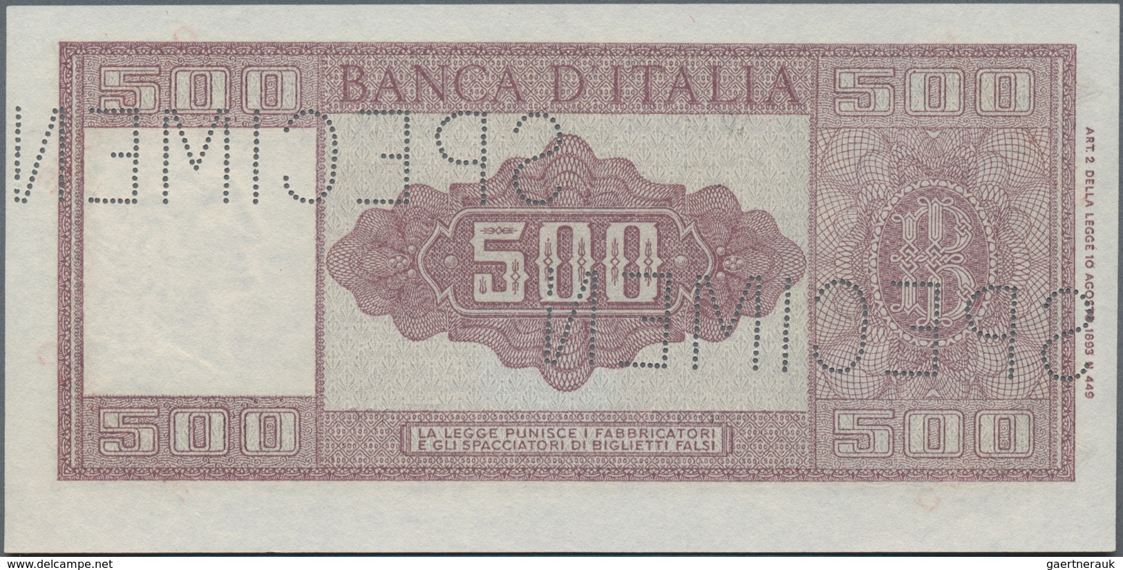 Italy / Italien: Banca D'Italia 500 Lire 1947-61 SPECIMEN, P.80s With Red Overprint "Campione" And P - Autres & Non Classés