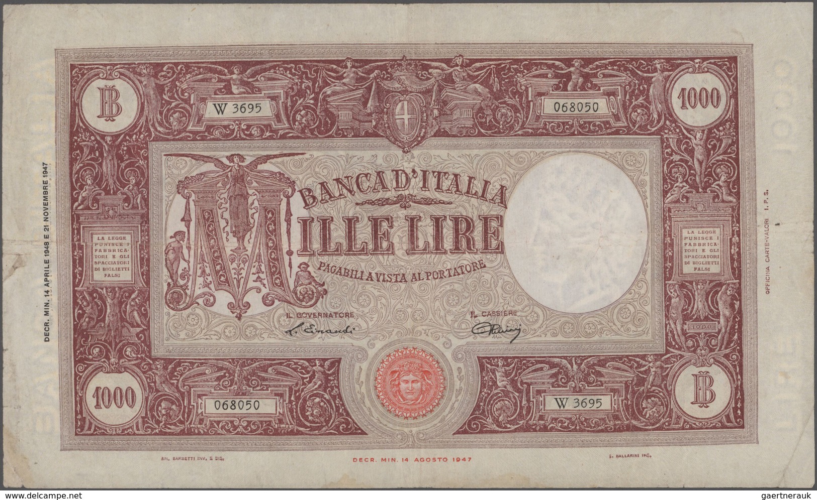 Italy / Italien: Banca D'Italia 1000 Lire 1948 With Signatures: Einaudi & Urbini, P.81a, Still Nice - Autres & Non Classés