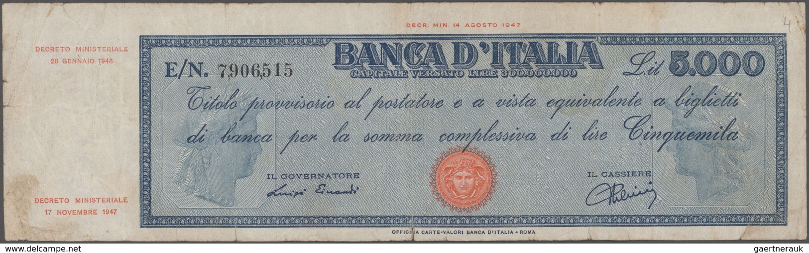 Italy / Italien: Banca D'Italia 5000 Lire 1948 With Signatures: Einaudi & Urbini, P.86a, Small Borde - Sonstige & Ohne Zuordnung