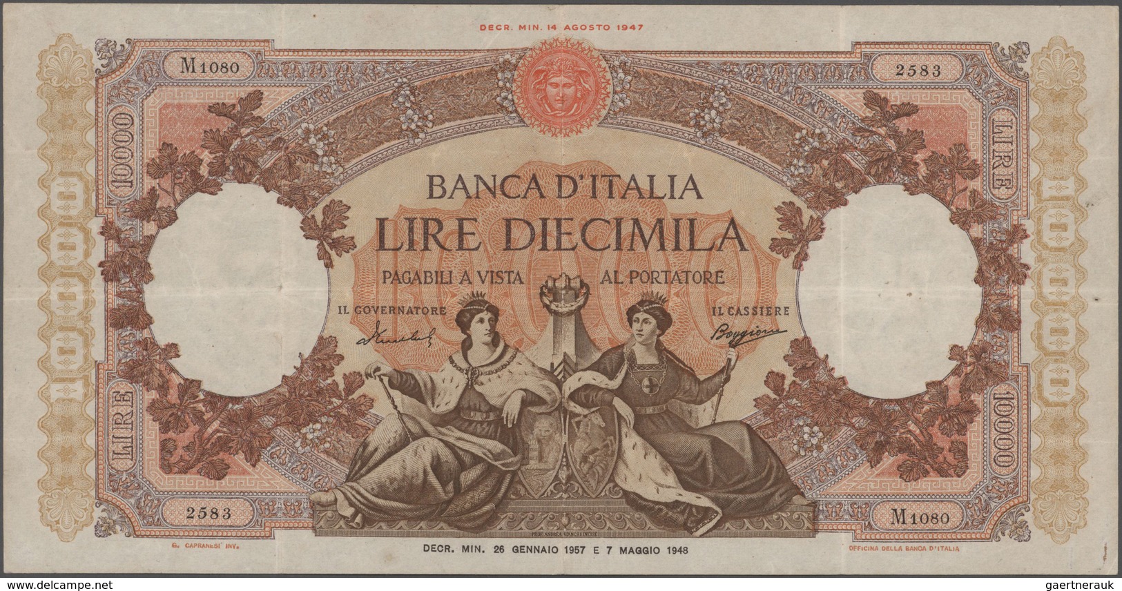 Italy / Italien: Banca D'Italia 10.000 Lire 1957 With Signatures: Menichella & Boggione, P.89c, Stil - Autres & Non Classés