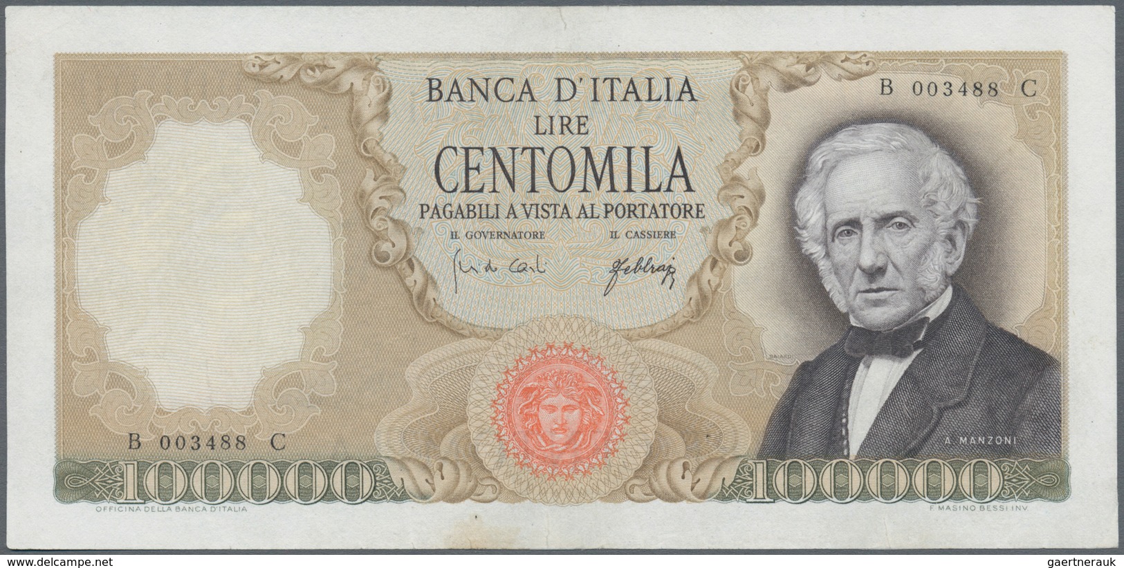 Italy / Italien: 100.000 Lire 1967 P. 100a Manzoni, S/N B003488C, Washed And Pressed, Minor Border T - Sonstige & Ohne Zuordnung