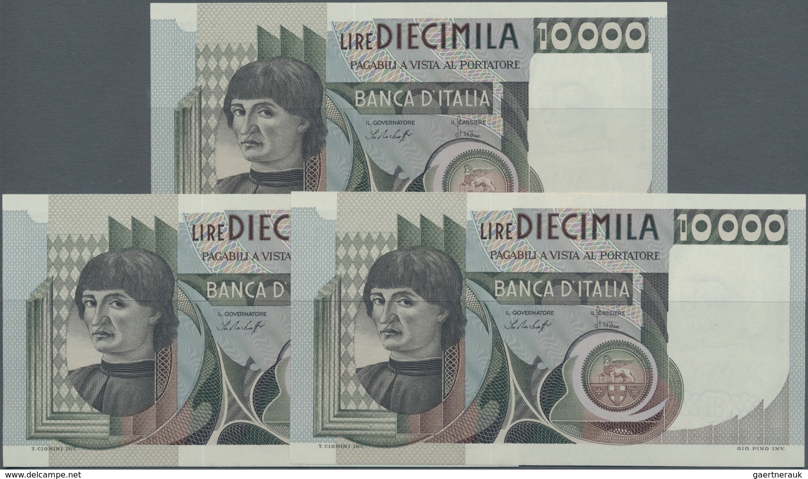 Italy / Italien: Set With 3 Consecutive Numbered 10.000 Lire 1976, P.106a With Serial Numbers FA2485 - Sonstige & Ohne Zuordnung