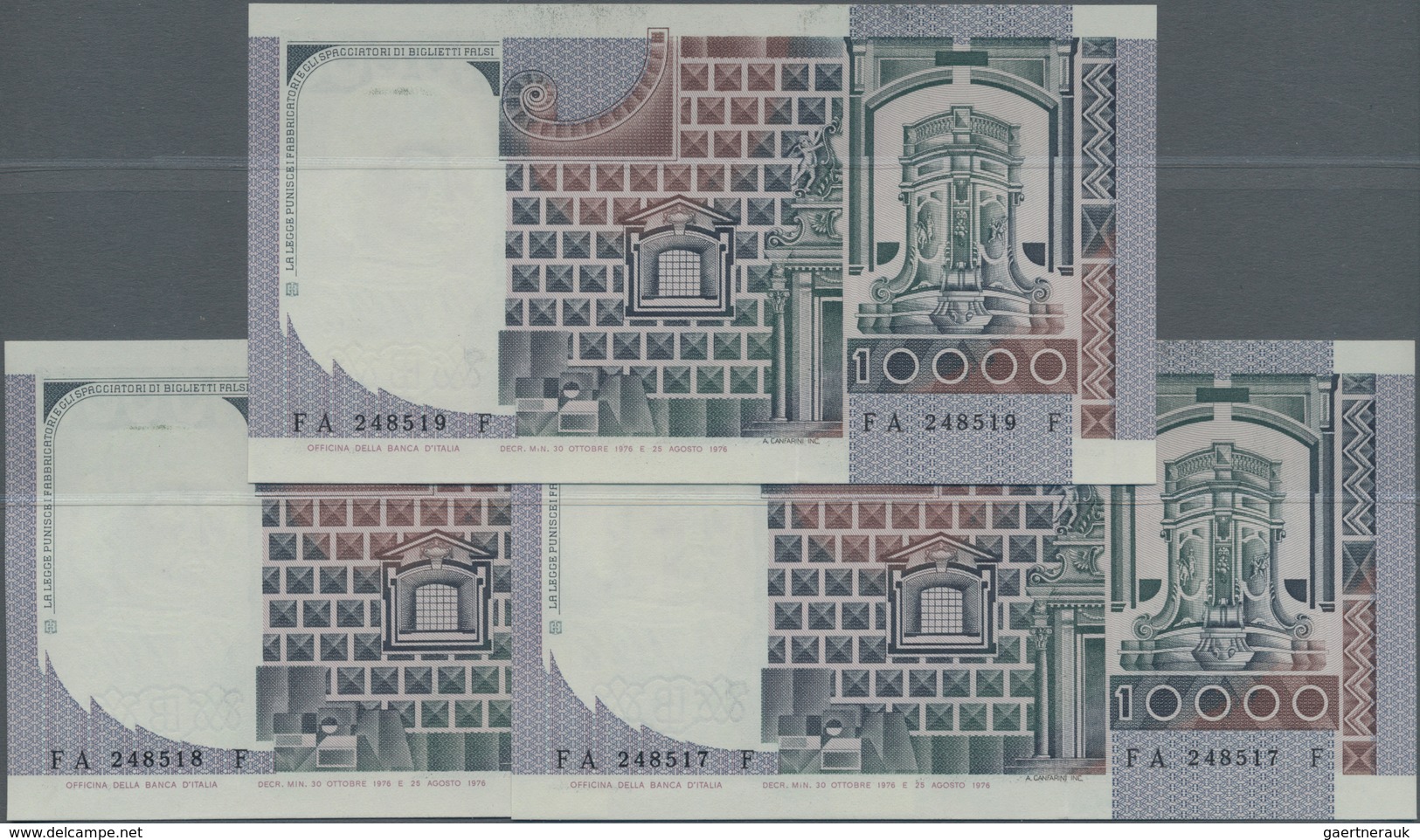 Italy / Italien: Set With 3 Consecutive Numbered 10.000 Lire 1976, P.106a With Serial Numbers FA2485 - Autres & Non Classés