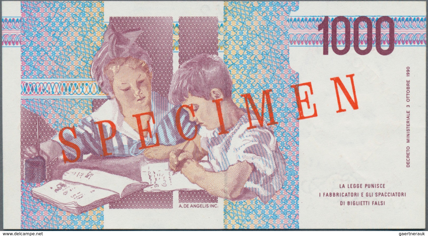 Italy / Italien: Banca D'Italia 1000 Lire 1990 SPECIMEN, P.114s With Red Overprint "Campione" On Fro - Sonstige & Ohne Zuordnung