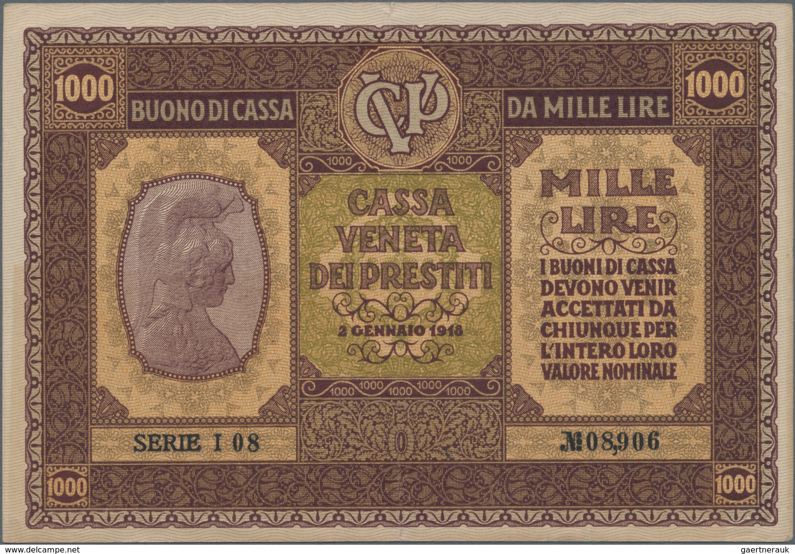 Italy / Italien: Cassa Veneta Dei Prestiti 1000 Lire 1918, P.M9, Highest Denomination Of This Series - Sonstige & Ohne Zuordnung