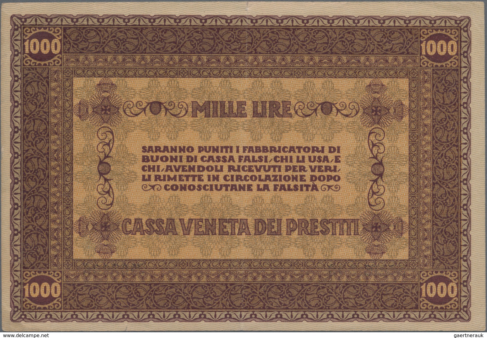 Italy / Italien: Cassa Veneta Dei Prestiti 1000 Lire 1918, P.M9, Highest Denomination Of This Series - Sonstige & Ohne Zuordnung