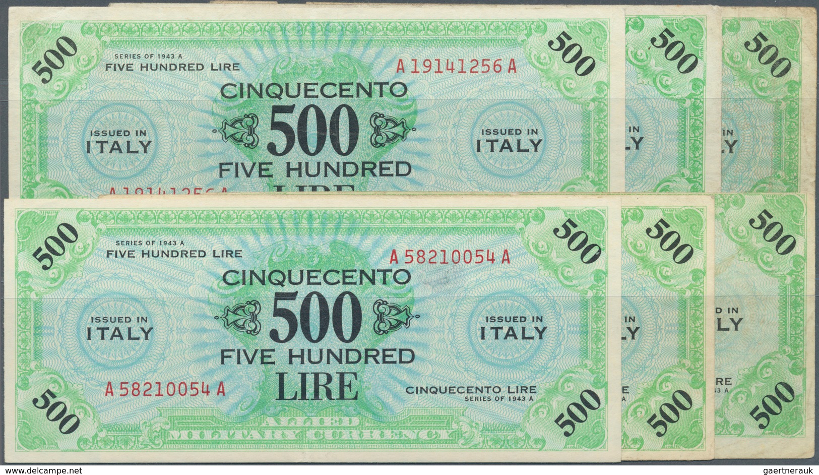 Italy / Italien: Set Of 6 Notes Allied Military Currency 500 Lire 1943A P. M22, All Used With Folds, - Autres & Non Classés