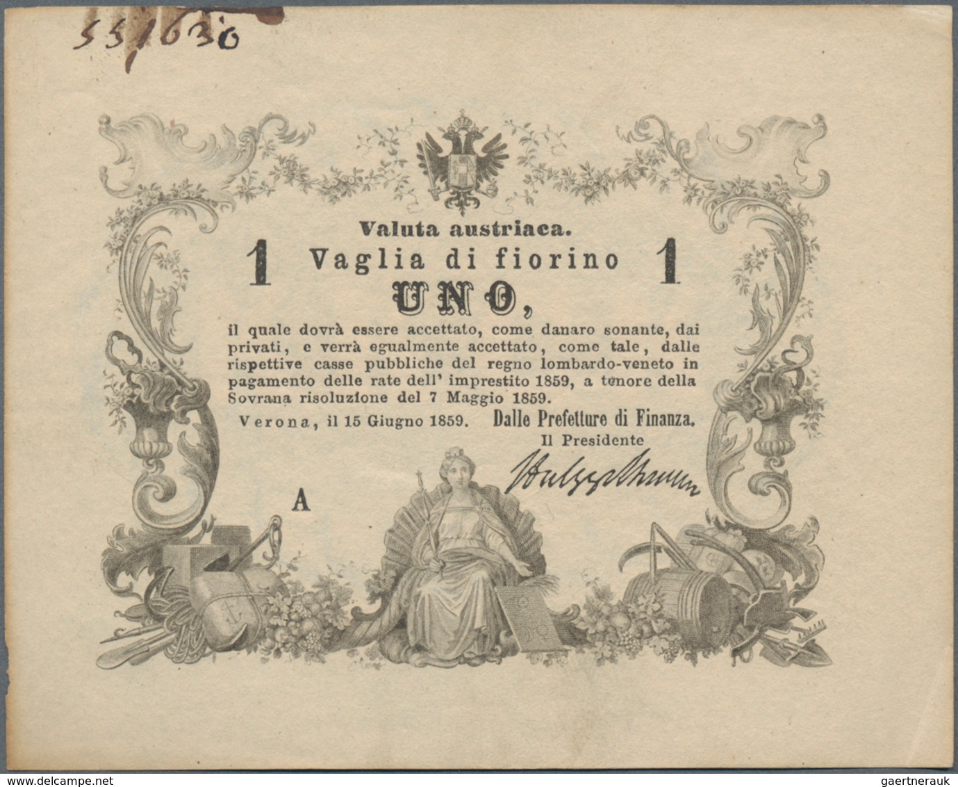 Italy / Italien: Regno Lombardo-Veneto - Prefettura Di Finanza, Verona, 1 Fiorino (Valuta Austriaca) - Sonstige & Ohne Zuordnung