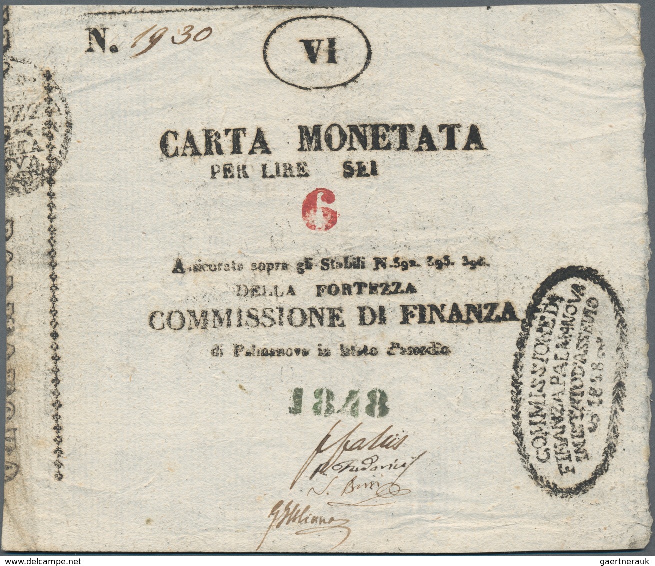 Italy / Italien: Commissione Di Finanza, Palmanova 6 Lire 1848, P.S249, Fantastic Condition For The - Sonstige & Ohne Zuordnung