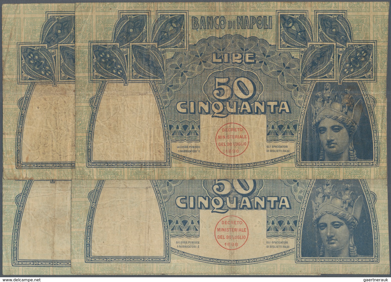 Italy / Italien: Set Of 4 Pcs Banco Di Napoli 50 Lire 1909-1921 P. S856, All Notes Used, Two Without - Sonstige & Ohne Zuordnung