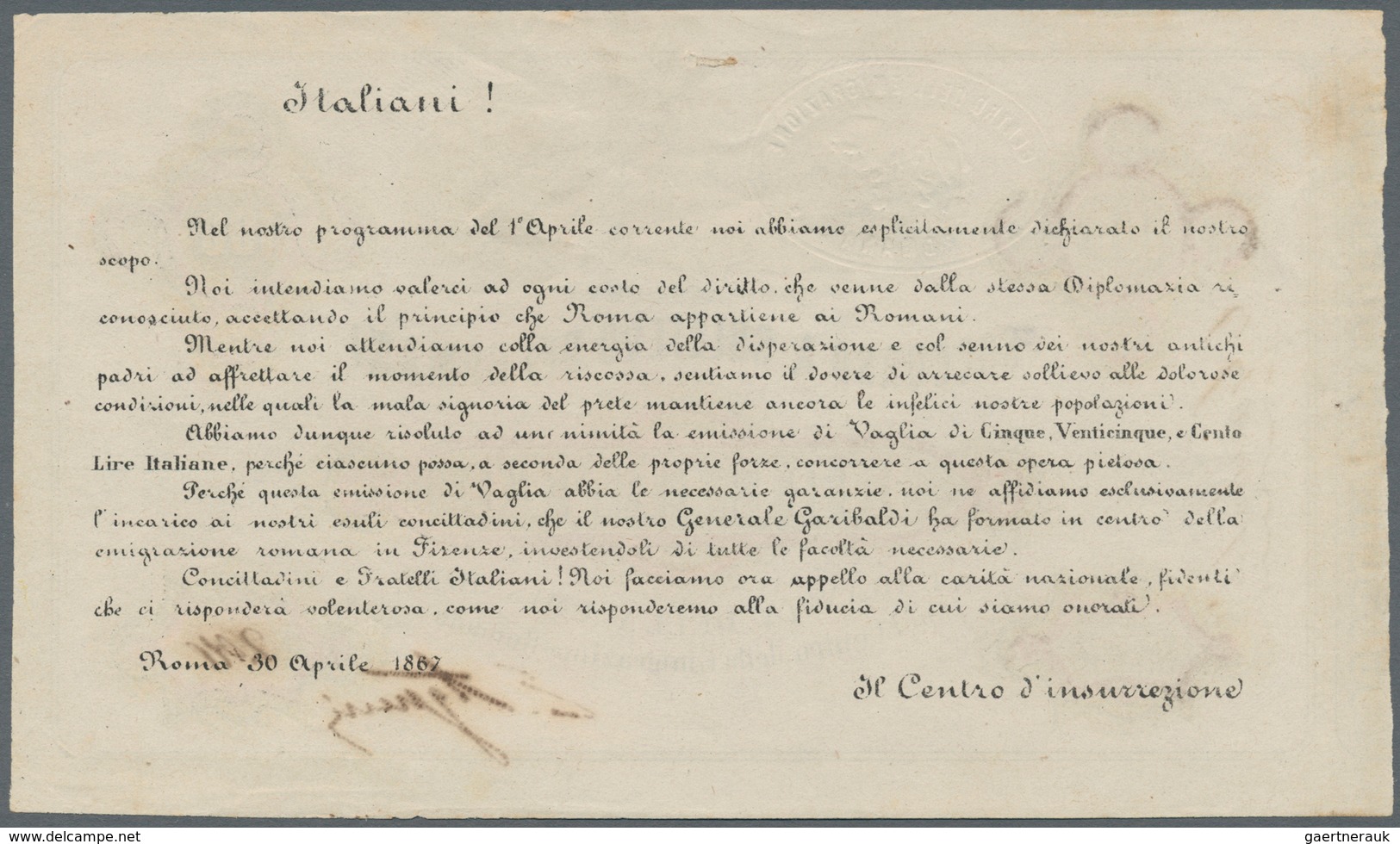 Italy / Italien: Soccorso A Sollievo Dei Romani 100 Lire ND(1867) P. NL, Crisp Original Without Dama - Autres & Non Classés