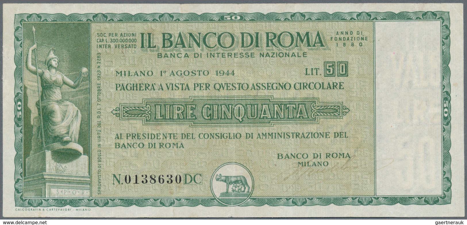 Italy / Italien: Rare Assignat "Il Banco Di Roma" 50 Lire 1944 With Watermark On Security Paper, Lig - Sonstige & Ohne Zuordnung