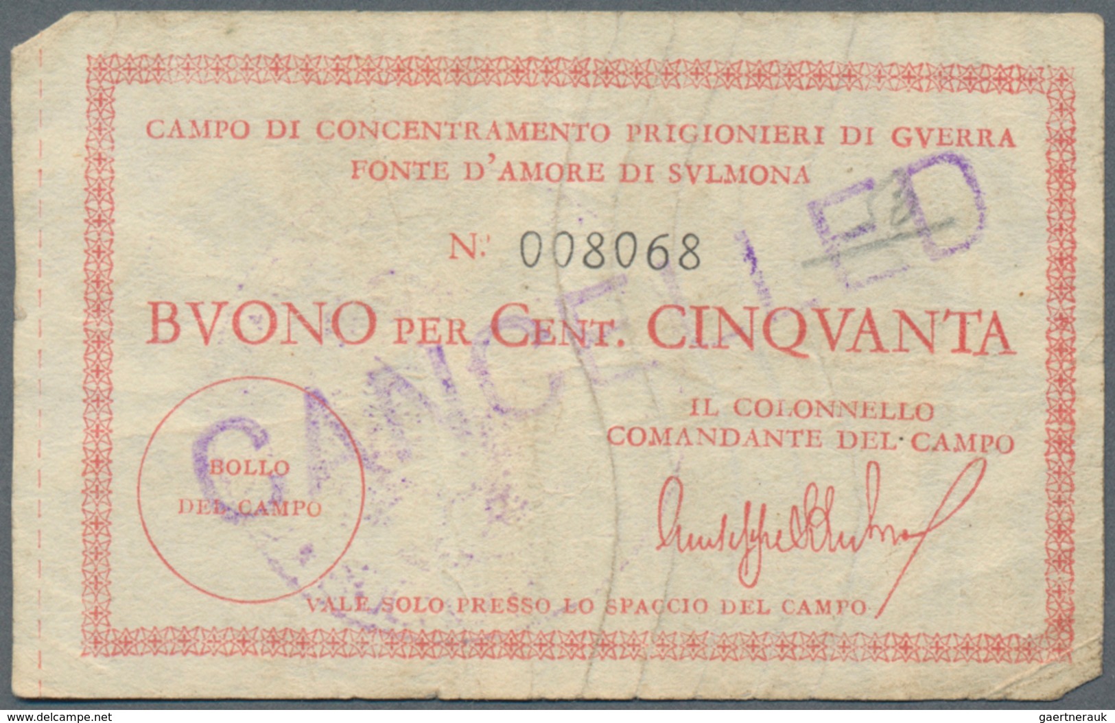 Italy / Italien: Very Interesting Lot With 4 Banknotes, Comprising For The Campo Di Concentramento P - Other & Unclassified