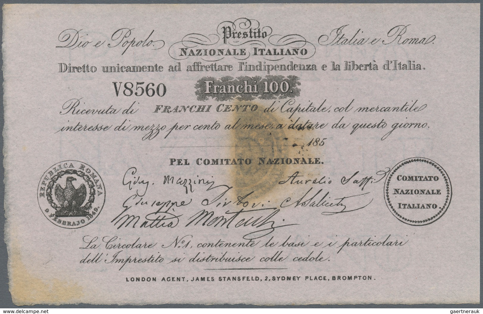 Italy / Italien: Rare "Prestito Nazionale Italiano" 100 Franchi 185x Remainder P. NL, Half Stamp On - Sonstige & Ohne Zuordnung