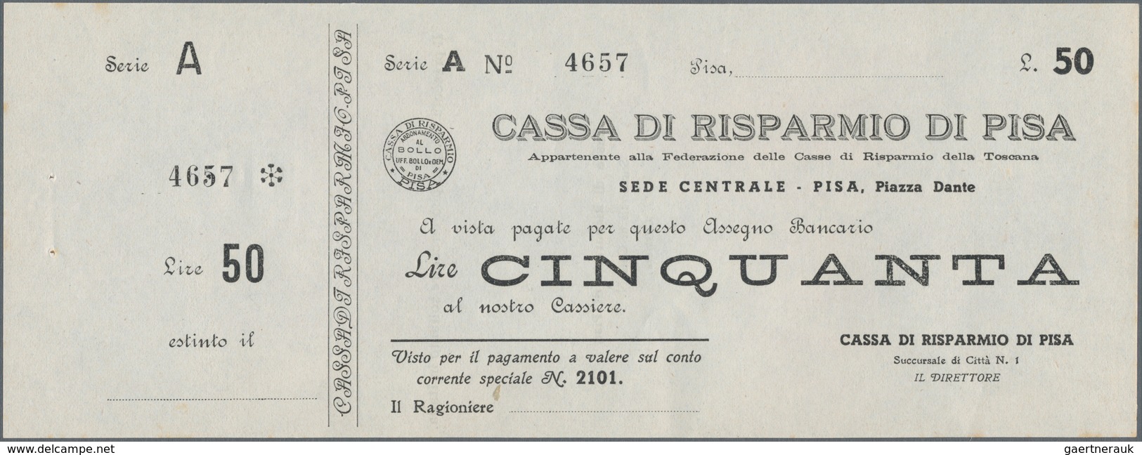 Italy / Italien: Blanco Cheque Form Of 50 Lire Cassa Di Risparmio Di Pisa With Counterfoil, Series " - Sonstige & Ohne Zuordnung