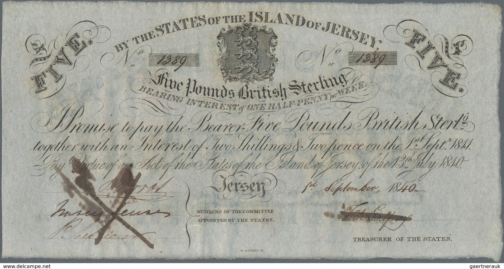 Jersey: The States Of The Island Of Jersey 5 Pounds 1840, P.A1a Issued Note With Serial Number 1389 - Sonstige & Ohne Zuordnung