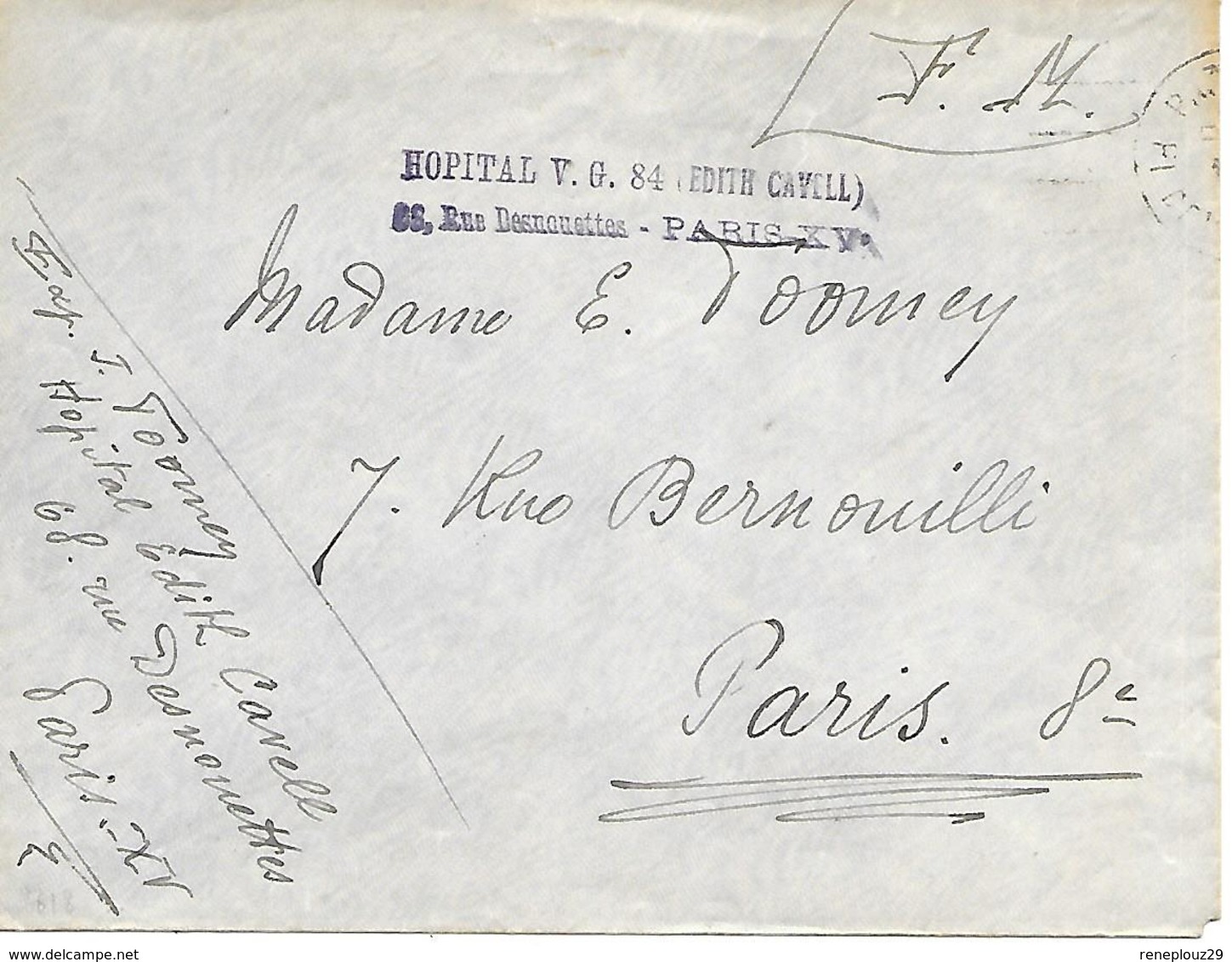 75-cachet Hôpital V.G.84-Edith Cavell Sur Lettre De Paris En 14/18 - WW I