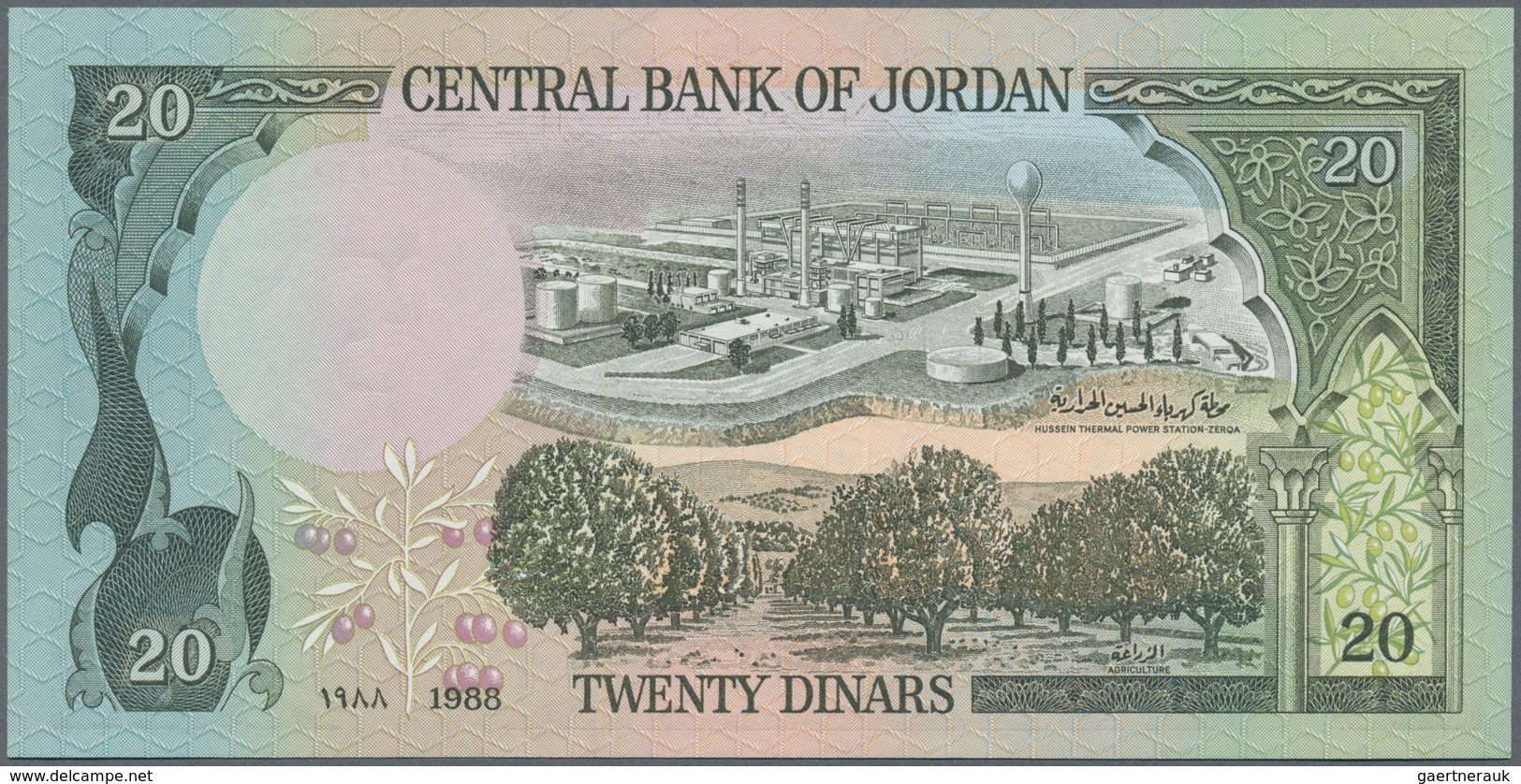 Jordan / Jordanien: Pair With 5 Dinars ND(1960's) P.15b (UNC) And 20 Dinars ND(1988) P.21c (UNC). (2 - Jordan