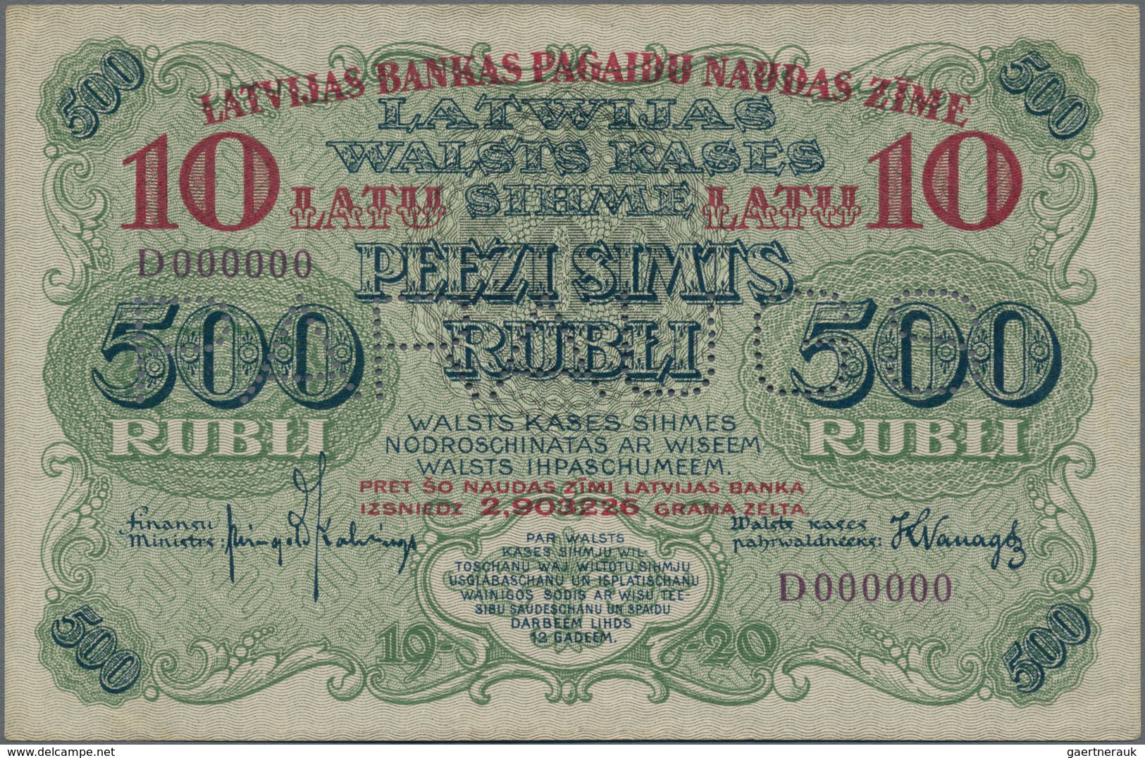 Latvia / Lettland: Latvijas Banka 10 Latu Overprint On 500 Rubli 1920 Front SPECIMEN, P.13s1 With Pe - Lettonie