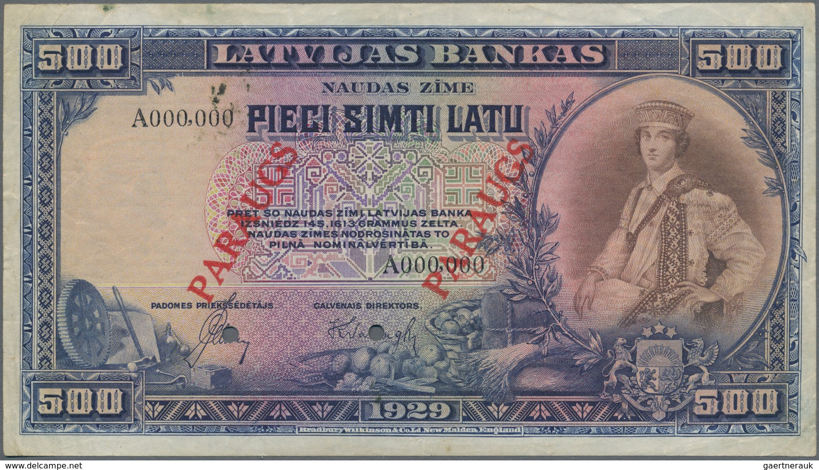 Latvia / Lettland: Latvijas Bankas 500 Latu 1929 SPECIMEN, P.19s With Red Overprint "PARAUGS", Punch - Lettland