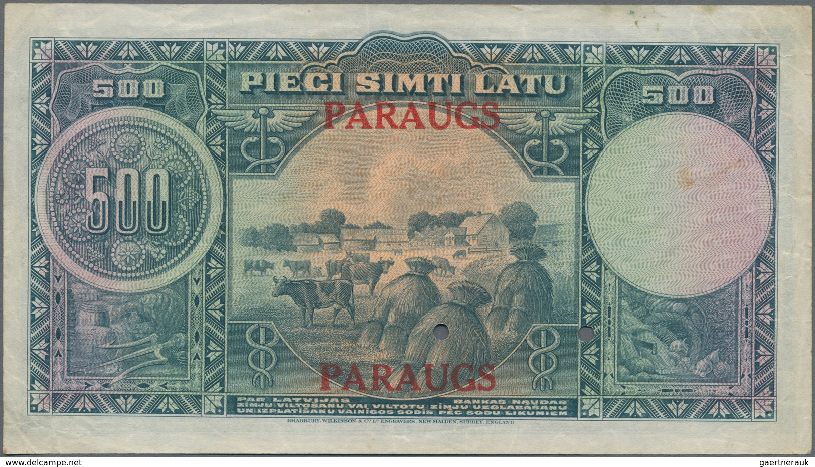 Latvia / Lettland: Latvijas Bankas 500 Latu 1929 SPECIMEN, P.19s With Red Overprint "PARAUGS", Punch - Lettland