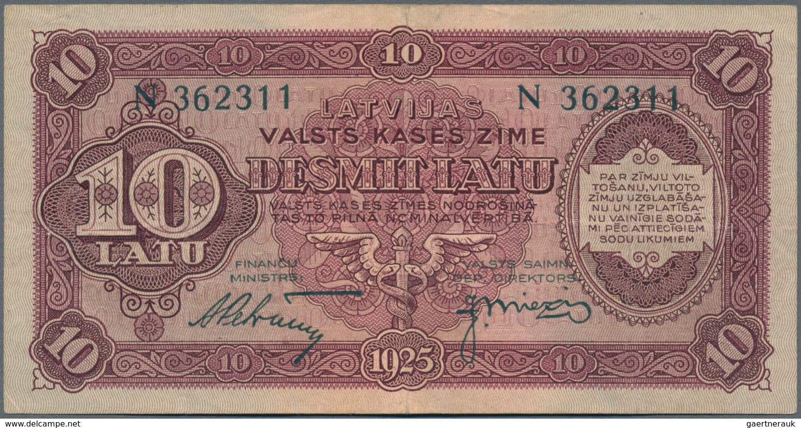 Latvia / Lettland: Latvijas Valsts Kases 10 Latu 1925, Series N And Signatures Petrevics & Miezis, P - Lettonie
