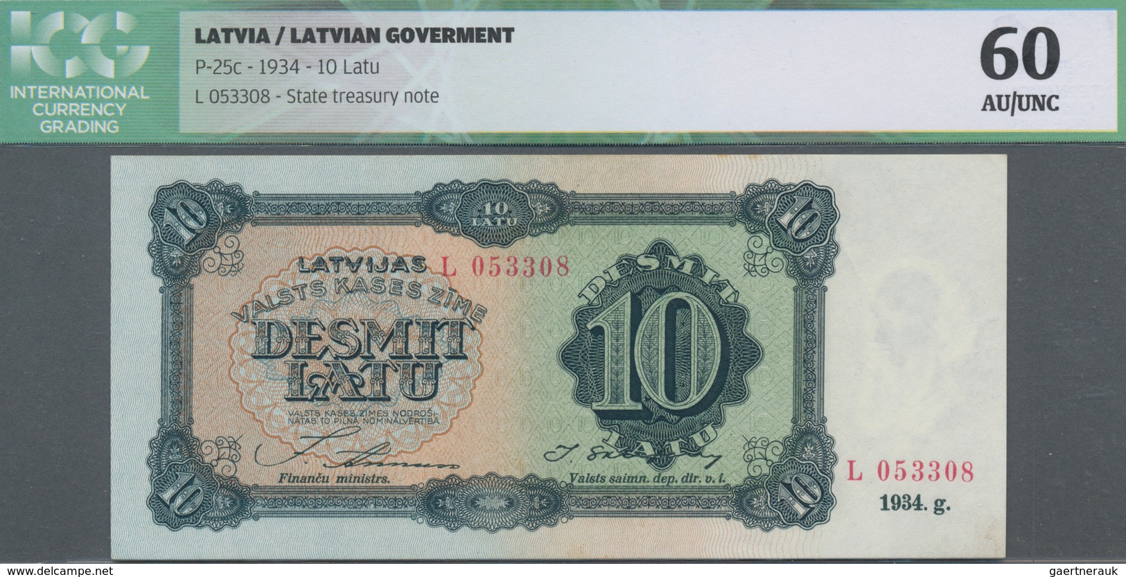 Latvia / Lettland: Latvian Government 10 Latu 1934, Serial Letter "L" With Signatures: Annuss & Skuj - Lettland