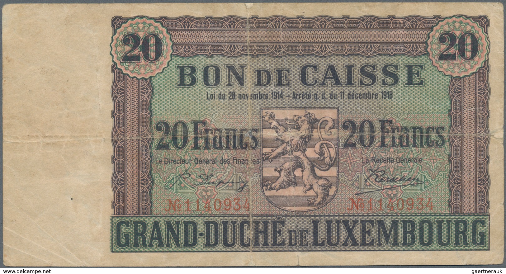 Luxembourg: Grand-Duché De Luxembourg 20 Francs L. 28.11.1914 & 08.09.1918 (1926), P.35, Highly Rare - Luxemburg