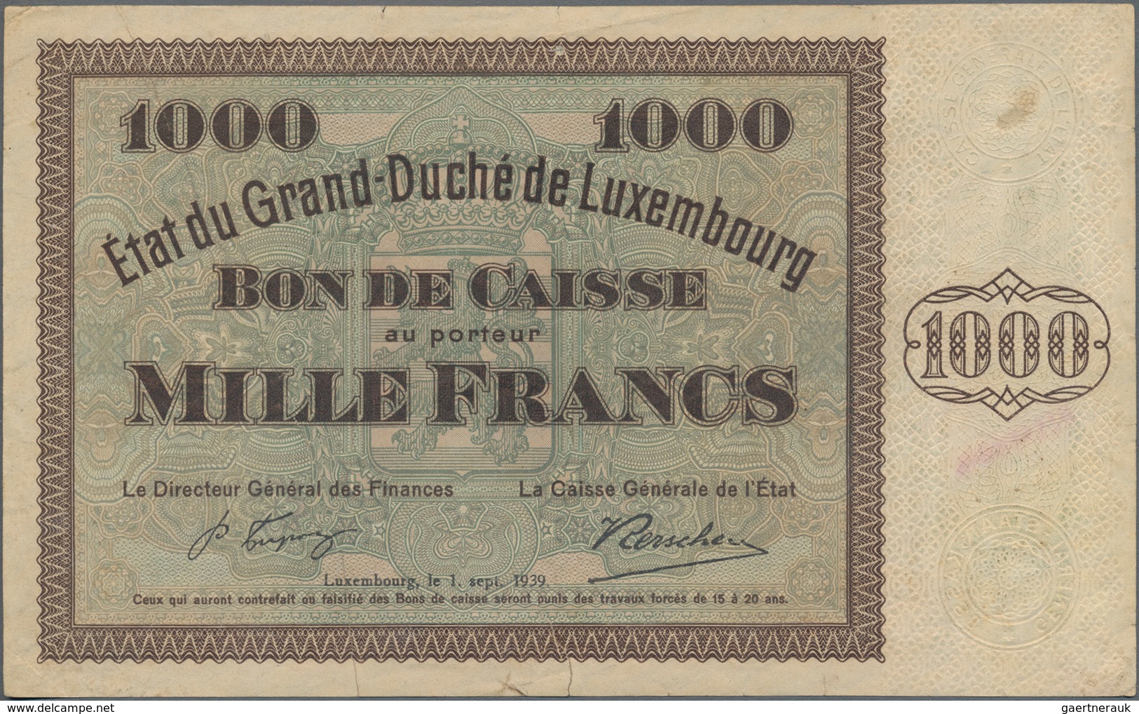 Luxembourg: État Du Grand-Duché Grand Duché De Luxembourg 1000 Francs 1939 (1940), P.40a, Very Popul - Luxemburg