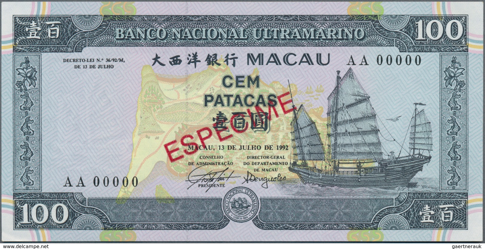 Macau / Macao: Banco Nacional Ultramarino 100 Patacas 1992 SPECIMEN, P.68s With Red Overprint "Espec - Macao