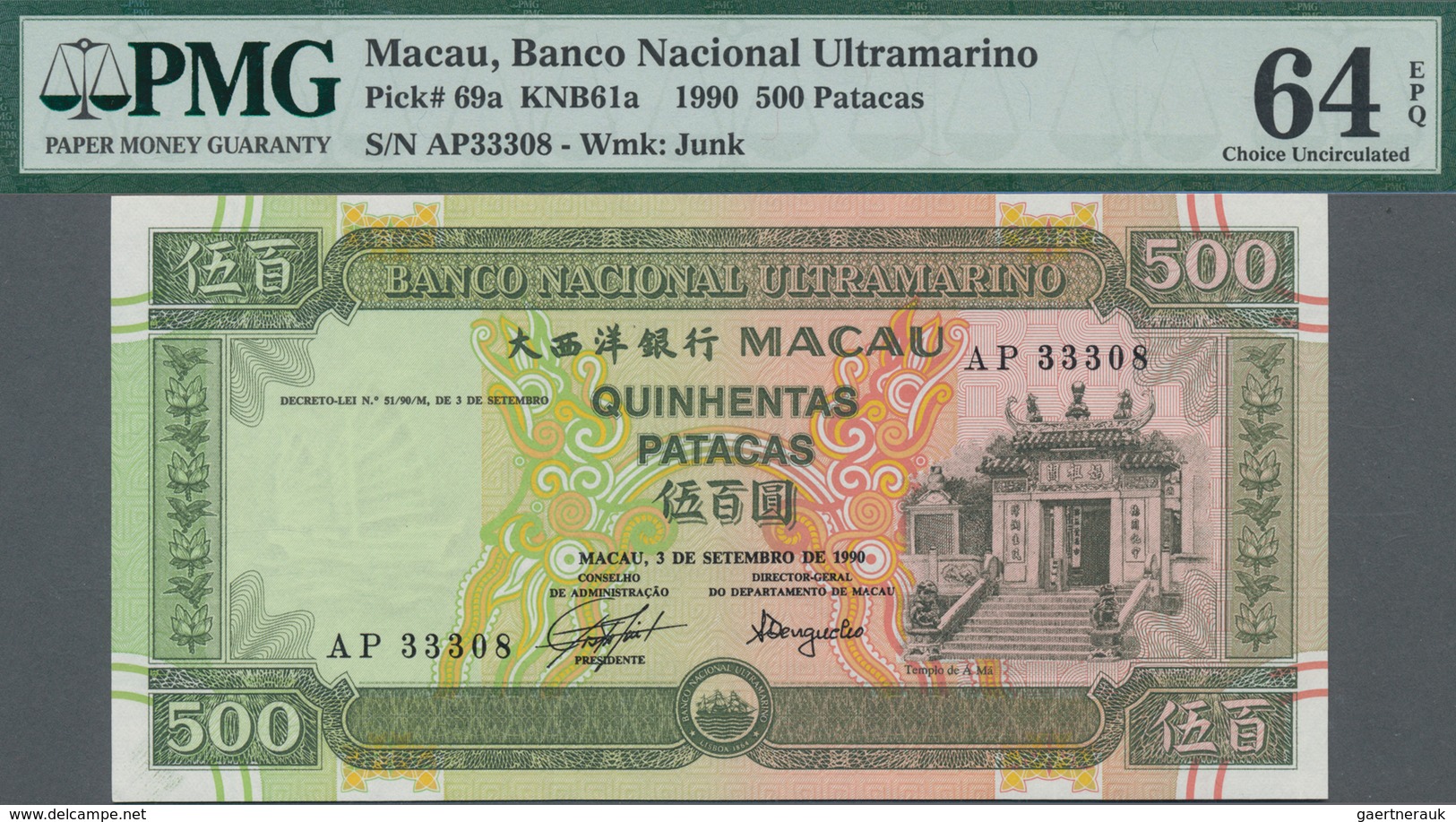 Macau / Macao: Banco Nacional Ultramarino 500 Patacas 1990, P.69a, Excellent Condition And PMG Grade - Macao