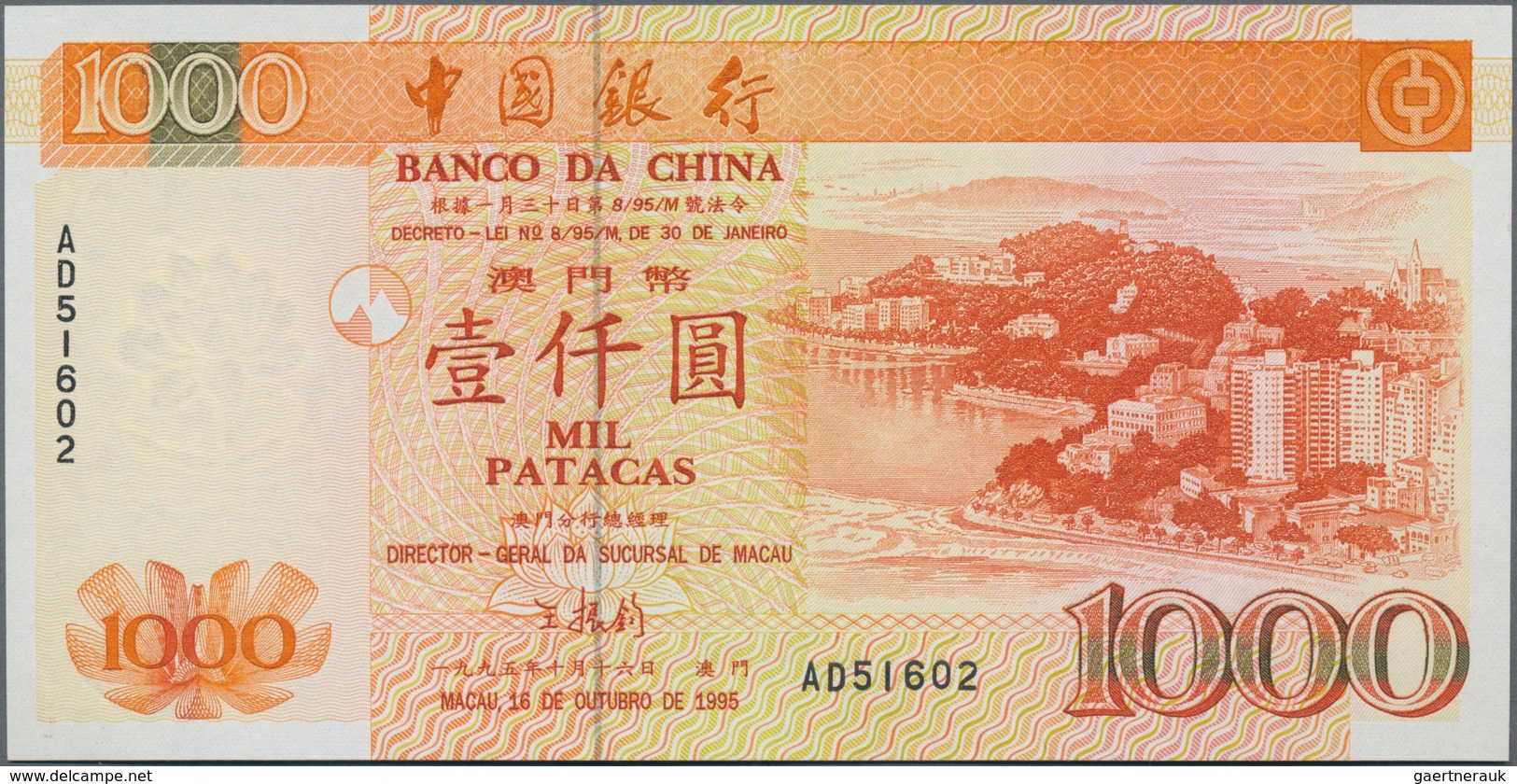 Macau / Macao: Banco Da China 1000 Patacas 1995, P.95, Tiny Dint At Upper Right, Otherwise Perfect. - Macau