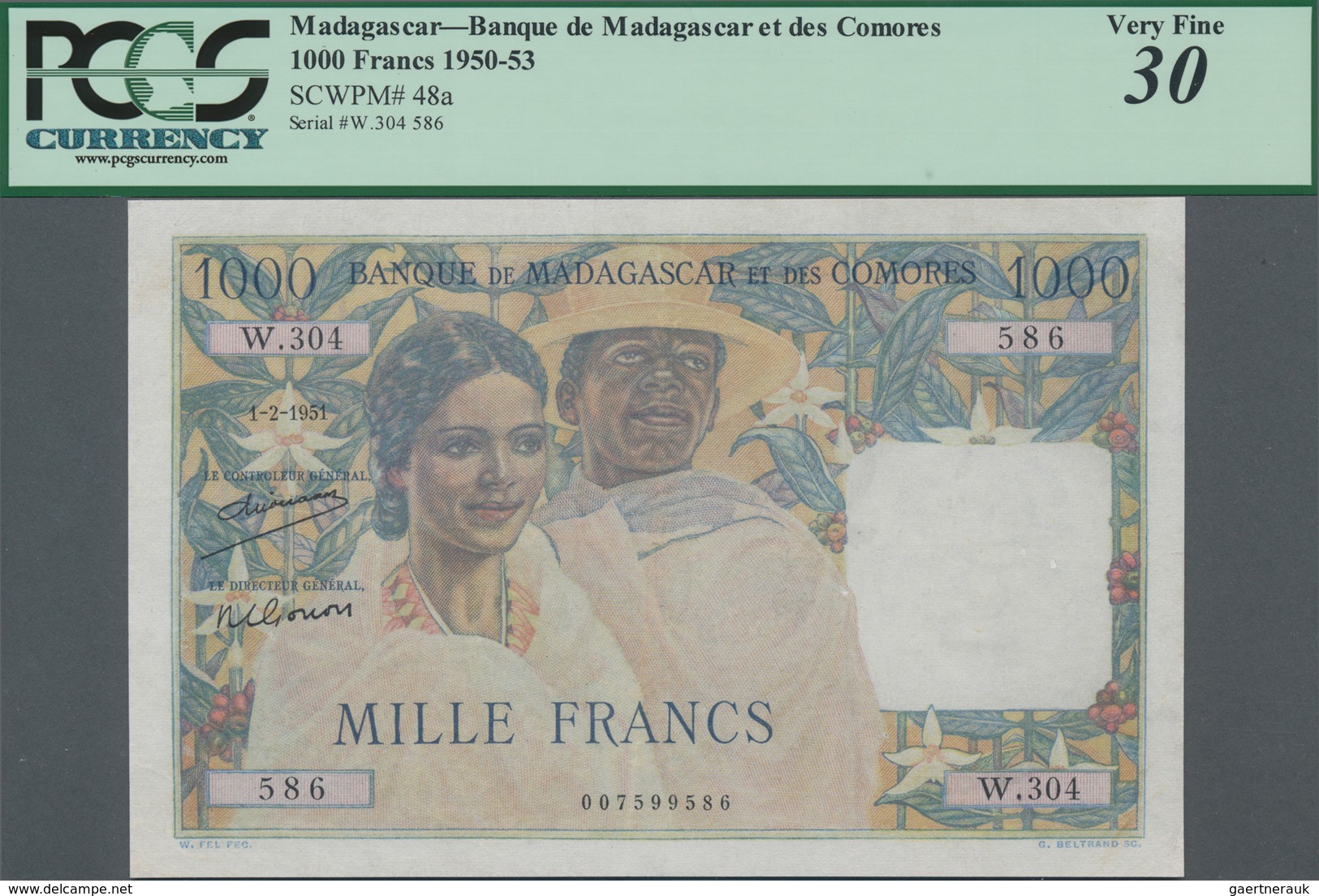 Madagascar: Banque De Madagascar Et Des Comores 1000 Francs 1951, With Signature Title Above: "Contr - Madagascar