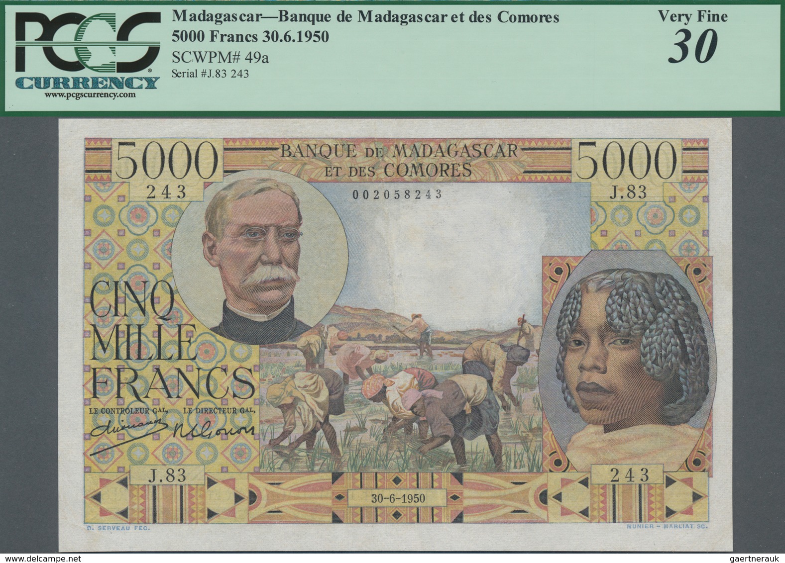 Madagascar: Banque De Madagascar Et Des Comores 5000 Francs 1950 With Signature Title Left: "Control - Madagaskar